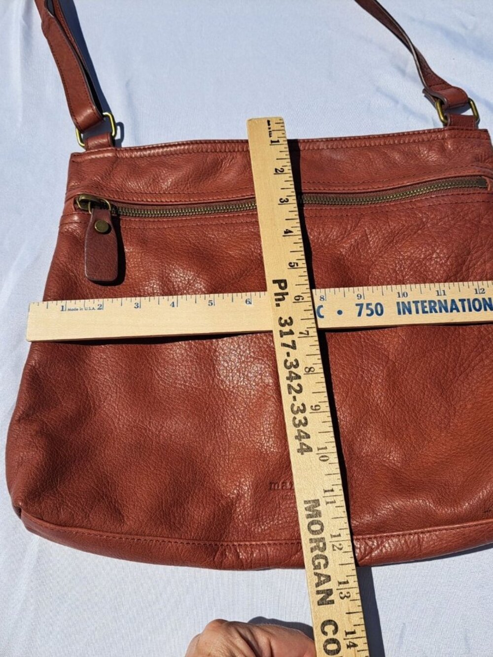 Margot New York Cognac Leather Crossbody Bag  Adjustable Strap Zip Pocket Pebble - Picture 9 of 13
